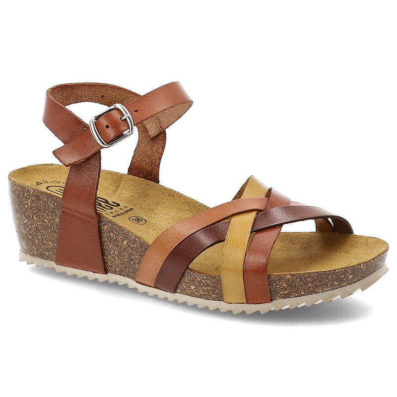 Sandały damskie HEE, na koturnie skórzane na sprzączkę wygodne codzienne, brązowe, 25001