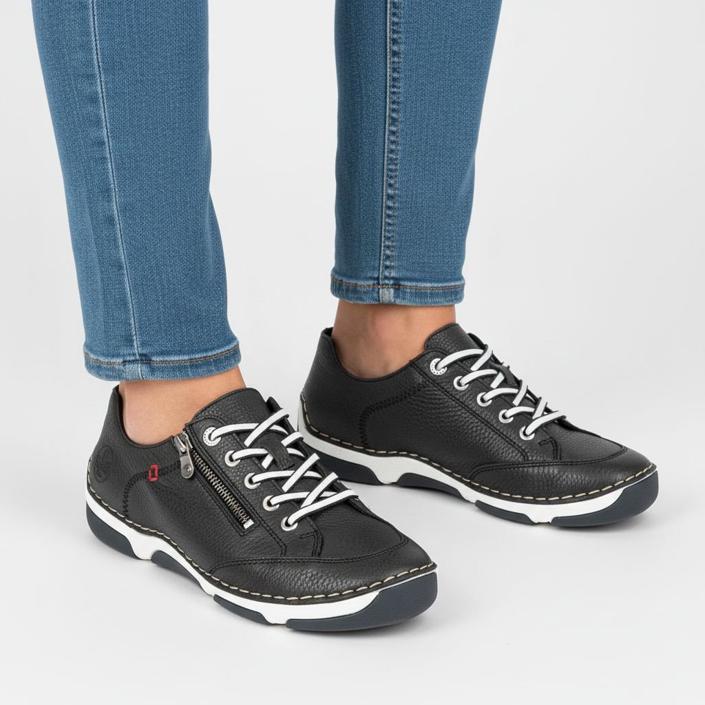 Półbuty damskie Rieker, cholewka ze skóry naturalnej o ziarnistej fakturze z kontrastowym sznurowaniem i bocznym zamkiem, niebieskie, 55901-14