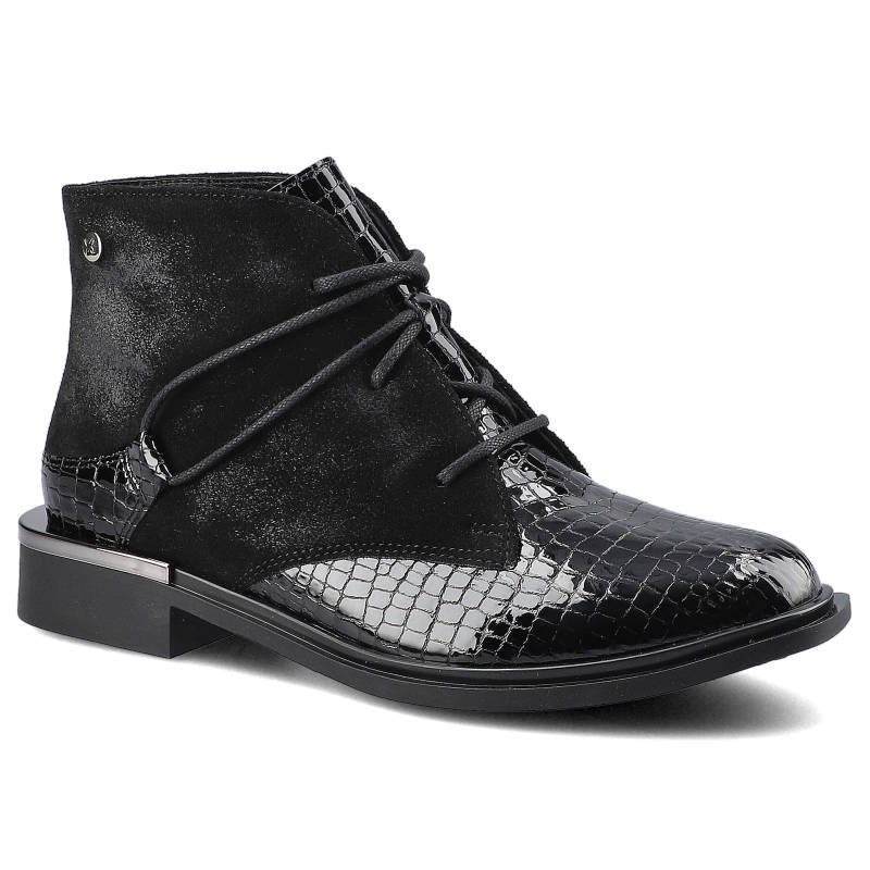 Trzewiki damskie Maciejka, ze skóry naturalnej z łączoną cholewką o tłoczonej fakturze oraz stabilnym obcasem, czarne, 04813-01-00-7