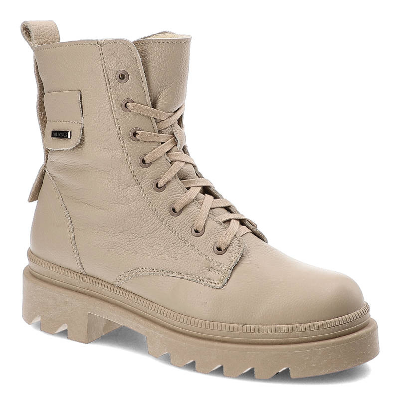 Botki damskie Pollonus, z naturalnej skóry licowej sznurowane dla dopasowania na solidnej traktorowej podeszwie, waniliowe, 5-1447-005
