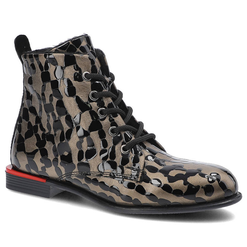 Botki damskie Artiker, naturalna skóra licowa o lakierowanym wykończeniu z klasycznym sznurowaniem gładką cholewką z malowanym wzorem oraz niską pode