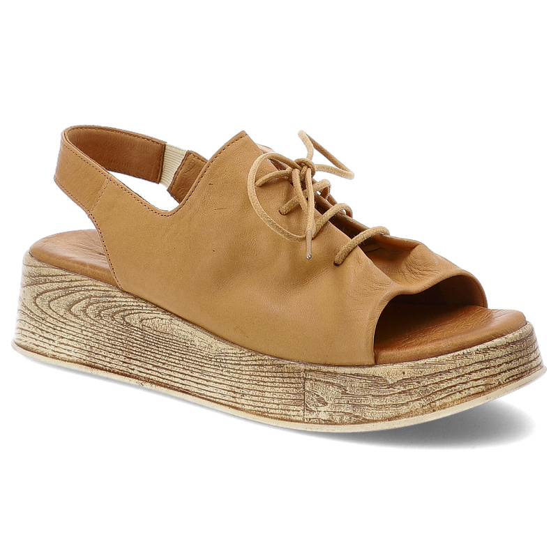 Sandały damskie Artiker, na drewnopodobnej platformie skórzane z wiązaną cholewką wsuwane, brązowe, 56C0287