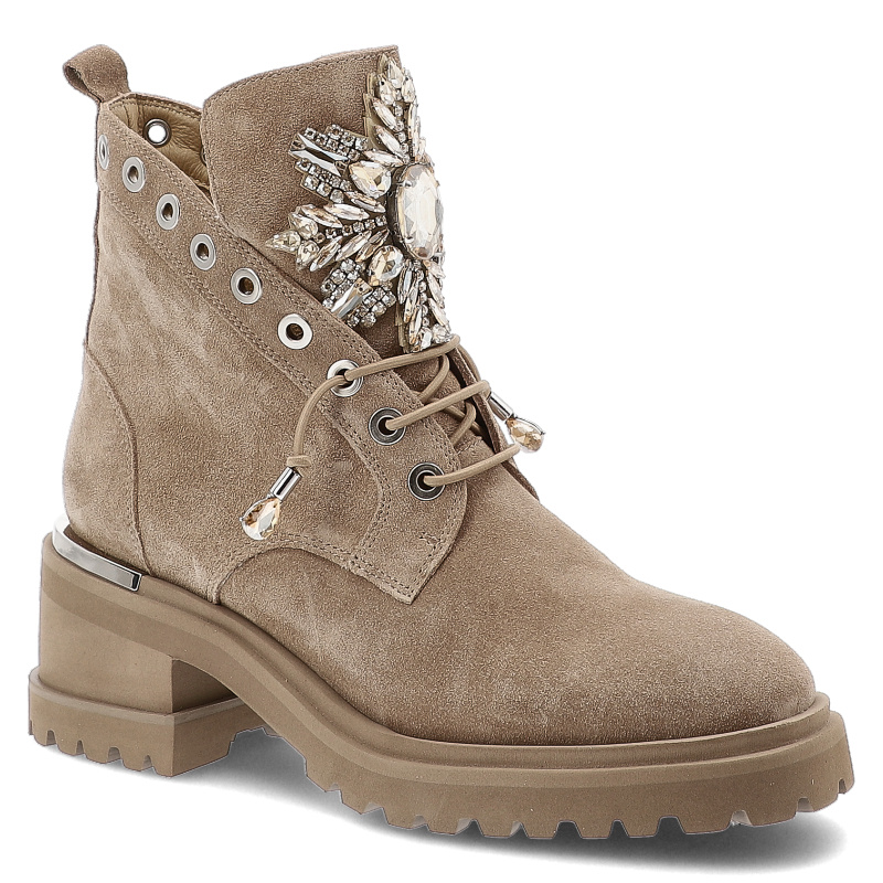 Botki damskie Alma en Pena, skórzane na klocku bogato zdobione wsuwane za kostkę, beżowe, I251187