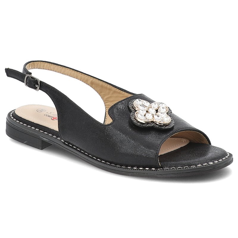 Sandały damskie S. Barski, ze skóry ekologicznej na płaskim obcasie z ozdobą, czarne, KV51-080