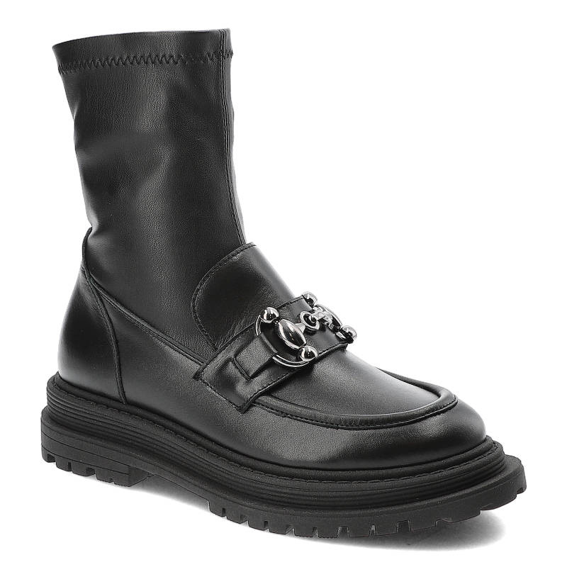 Botki damskie CheBello, ze skóry naturalnej licowej z elastyczną dopasowującą się cholewką wsuwaną konstrukcją, czarne, 3053-401-MIC-S230