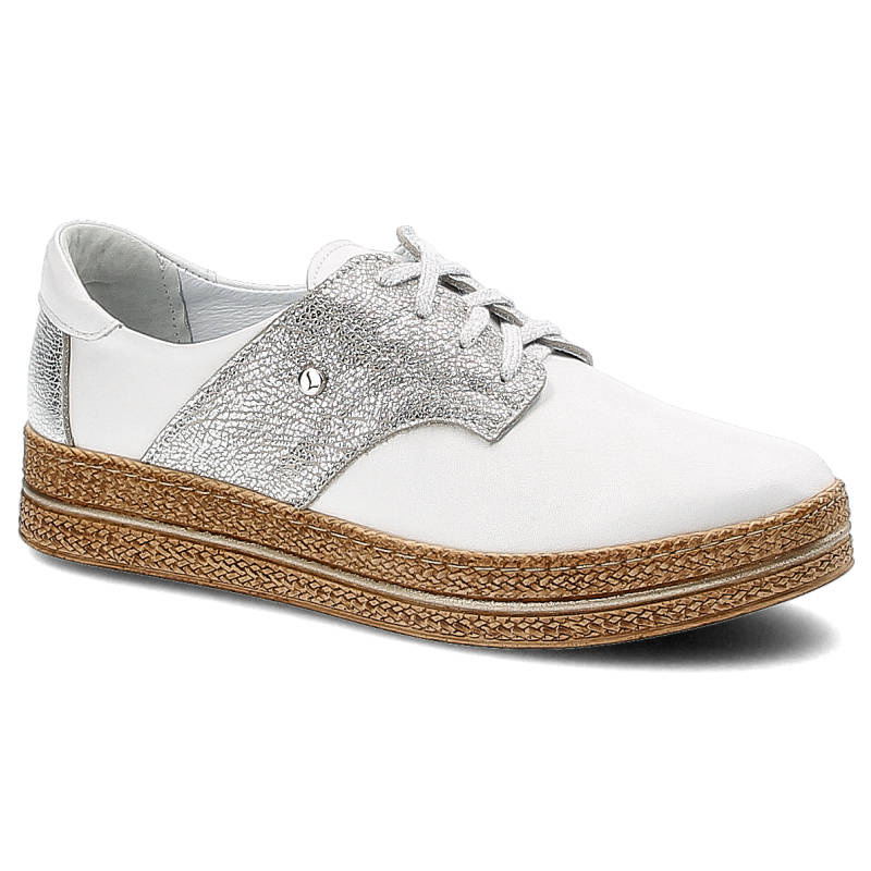 Półbuty damskie Lemar, z gładką cholewką uzupełnione kontrastującą fakturą w okolicy sznurowania i zapiętka, białe Monza Siena srebro, 10123