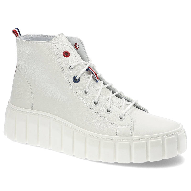 Sneakersy damskie Armdo, gładka skórzana cholewka o wysokim kroju klasyczne sznurowanie z metalowymi oczkami, biały, 3822-G02-000-000-000