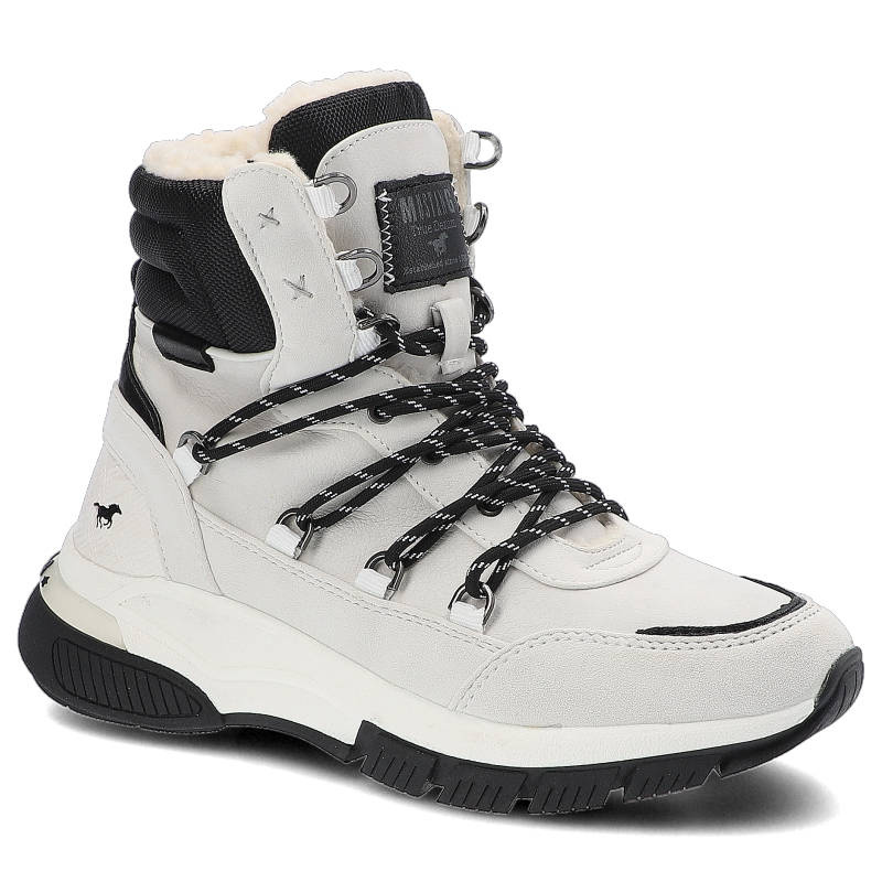 Botki damskie Mustang, cholewka ze skóry ekologicznej wysoka konstrukcja z ociepleniem system sznurowania z metalowymi przelotkami masywna podeszwa z