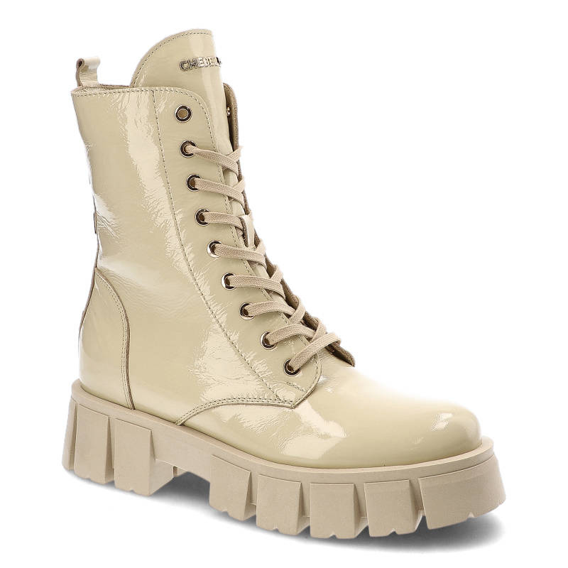 Botki damskie Chebello, cholewka z lakierowanej skóry naturalnej z wysoką cholewką i sznurowaniem masywna podeszwa o wyraźnych krawędziach , beżowe,