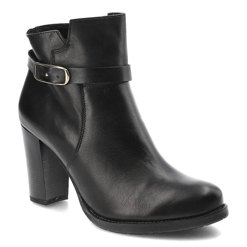 Botki damskie Pollonus, na wysokim obcasie i z ozdobną klamrą, czarne, 5800