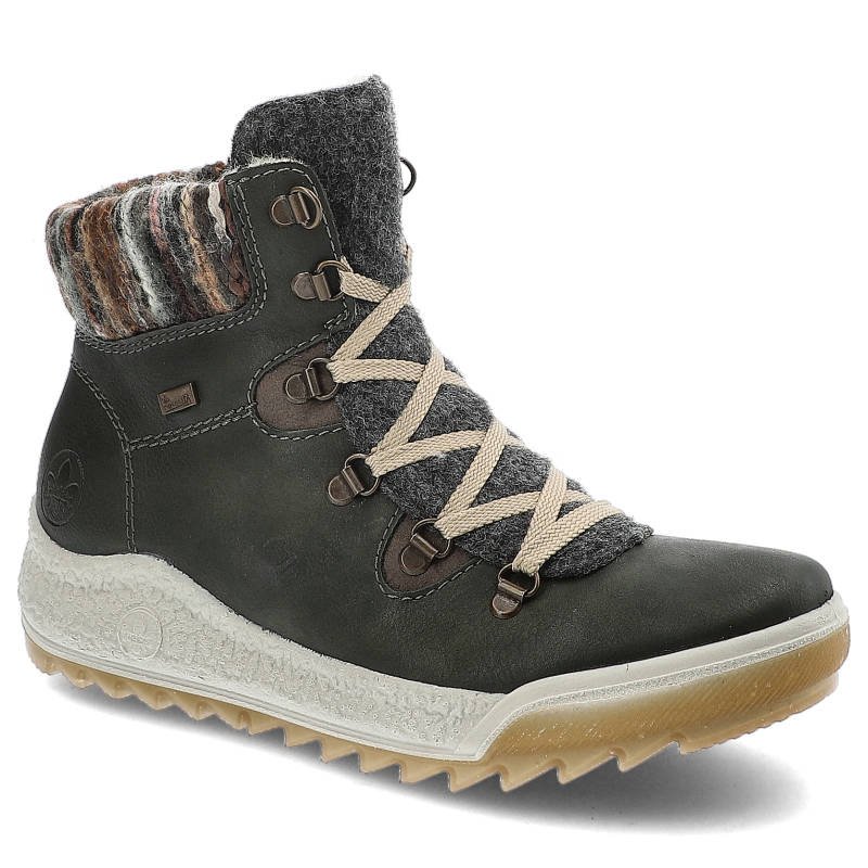 Botki damskie Rieker, cholewka ze skóry ekologicznej z tekstylnym kołnierzem i metalowymi oczkami sznurowania gruba podeszwa z wyraźnym ząbkowanym pr