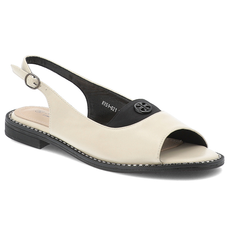 Sandały damskie S. Barski, eleganckie na płaskim obcasie z ozdobą ze sprzączką, ecru, KV51-021