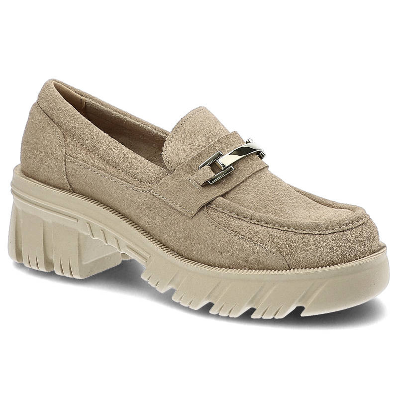 Półbuty damskie Lemar, naturalna skóra zamszowa masywna podeszwa o wyrazistym bieżniku metalowy detal, bez/zł, 20110-W