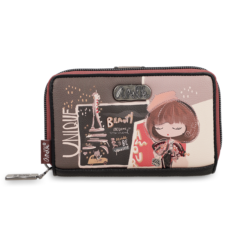 Portfel damski Anekke, duży we wzory z miejscem na zdjęcia na karty i na bilon, brązowy, 41809-909