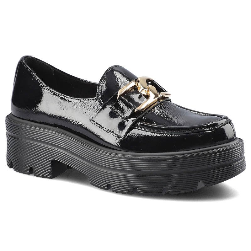 Półbuty damskie Lemar, ze skóry naturalnej lakierowanej z gładką cholewką klasycznym wycięciem ozdobnym metalowym detalem oraz masywną stabilną podes