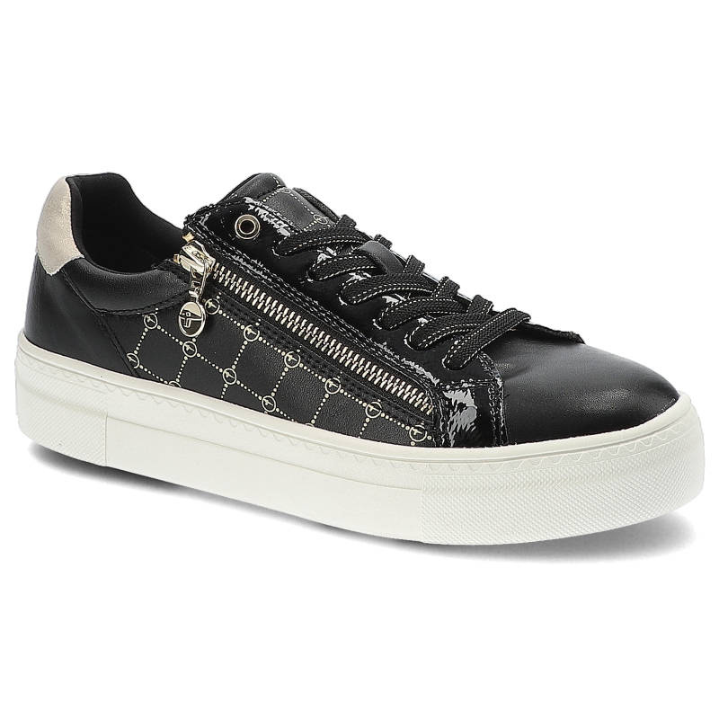 Sneakersy damskie Tamaris, naturalna skóra licowa i lakierowana z dekoracyjnym panelem bocznym sznurowanym zapięciem, black comb, 1-23313-28-098
