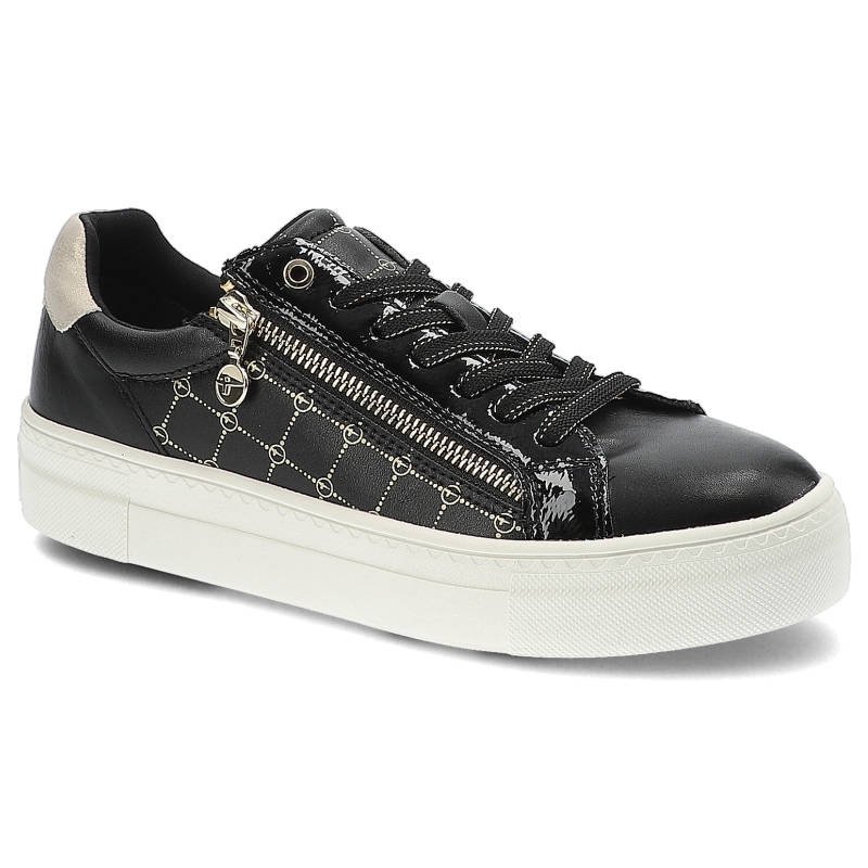 Sneakersy damskie Tamaris, naturalna skóra licowa i lakierowana z dekoracyjnym panelem bocznym sznurowanym zapięciem, black comb, 1-23313-28-098