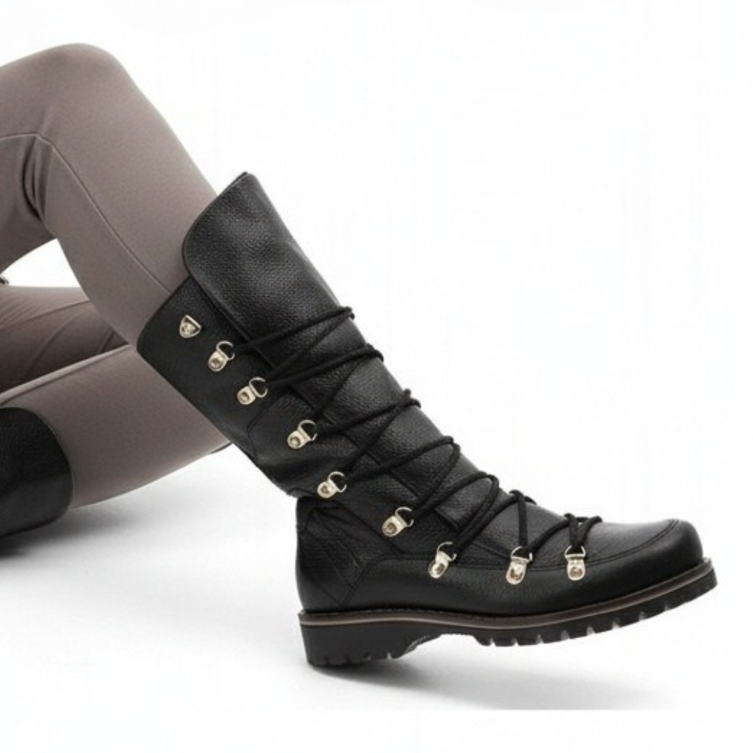 Botki damskie Kampa, cholewka ze skóry naturalnej wnętrze ocieplane i sznurowane, czarne, Z662-417