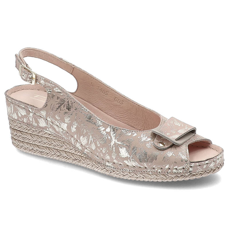 Sandały damskie Pollonus, tłoczona cholewka o dekoracyjnym połysku odkryty nosek z ozdobną klamrą, złote kwiaty, 5-1405-003