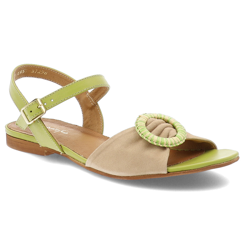 Sandały damskie Maciejka, skórzane na płaskim obcasie z broszką zapinane sprzączką, zielono-beżowe, 06957-09-00-1