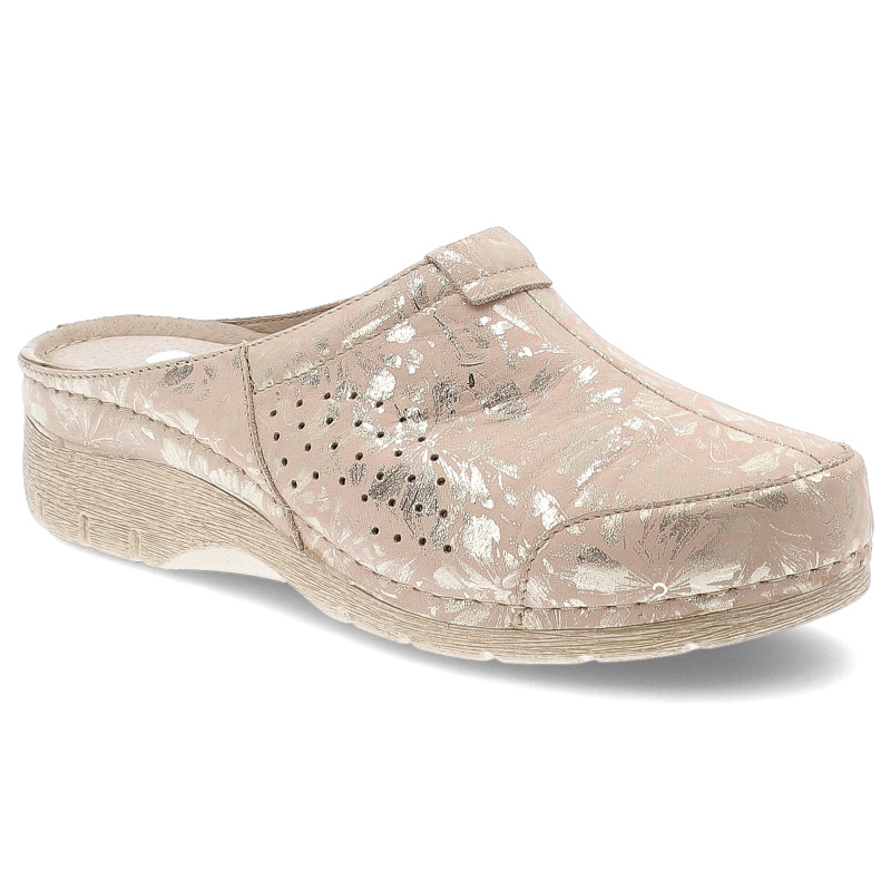 Klapki damskie Armodo, na grubej podeszwie z pełnym przodem skórzane w kwiaty, złote kwiaty, 5-1401-024