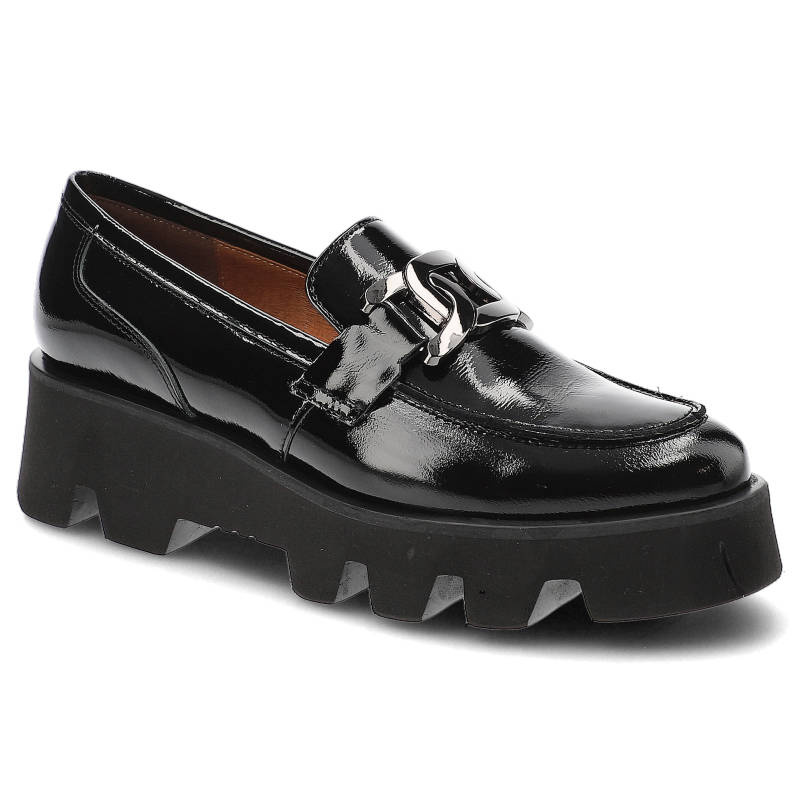 Półbuty damskie Karino, lakierowana cholewka ze skóry naturalnej wsuwane masywna platforma, czarny naplak, 4186-090-P