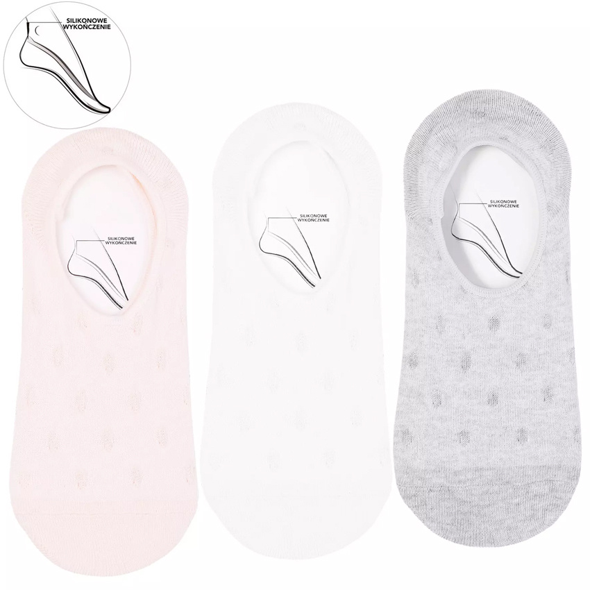 Baleriny damskie Moraj, bawełniane niskie we wzorki z silikonowym wykończeniem, różowe-białe-szare, CDB250-208 (3 pary)