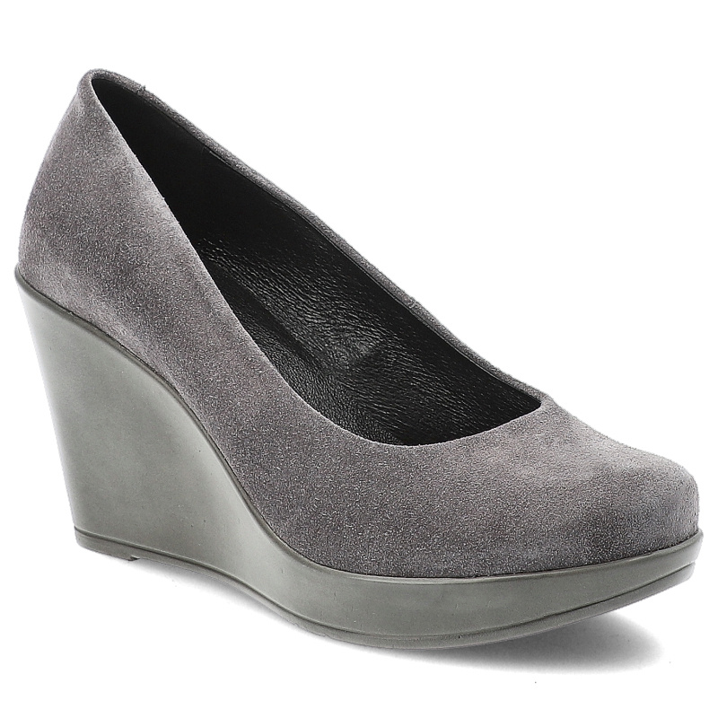 Czółenka damskie Karino, na wysokim koturnie eleganckie skórzane zamszowe wygodne z okrągłym noskiem, szare, 1224-002-P