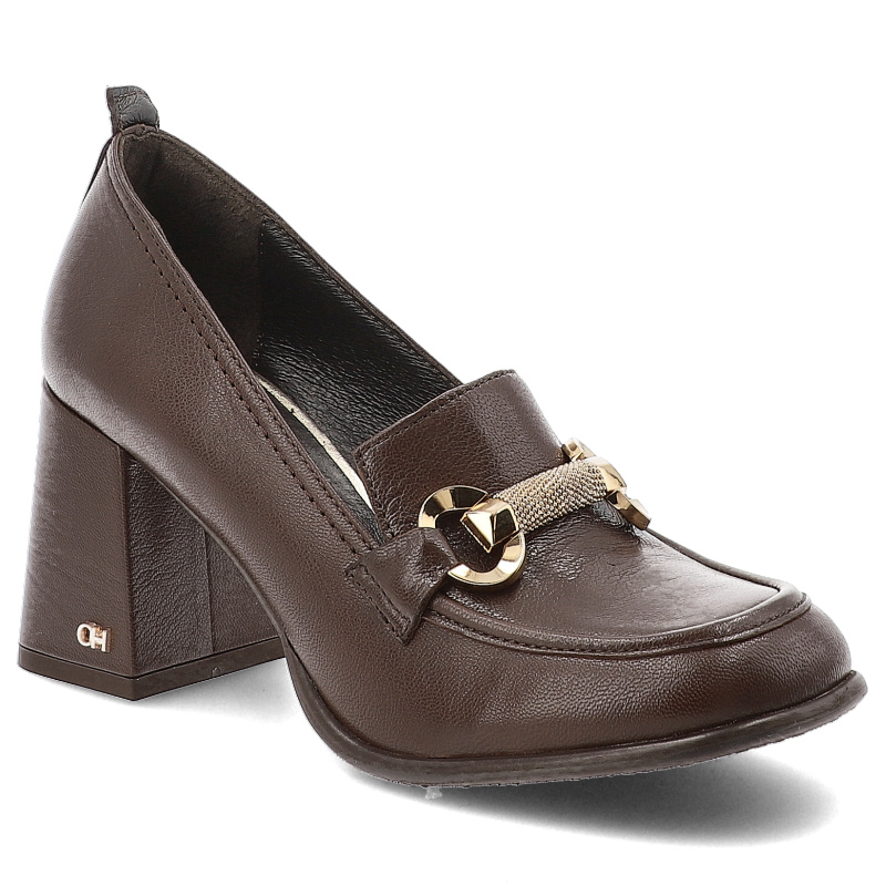 Półbuty damskie Chebello, wsuwane skórzane eleganckie z okrągłym noskiem z ozdobą i wsuwane, brązowe, 4780-545