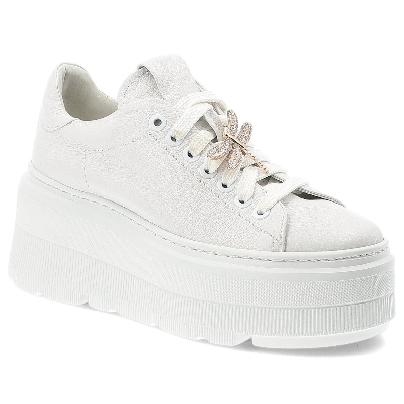 Sneakersy damskie Armodo, skóra naturalna sznurowana z ozdobną metalową ważką na sznurowadłach i grupę płaskiej podeszwie, białe, 1833-466