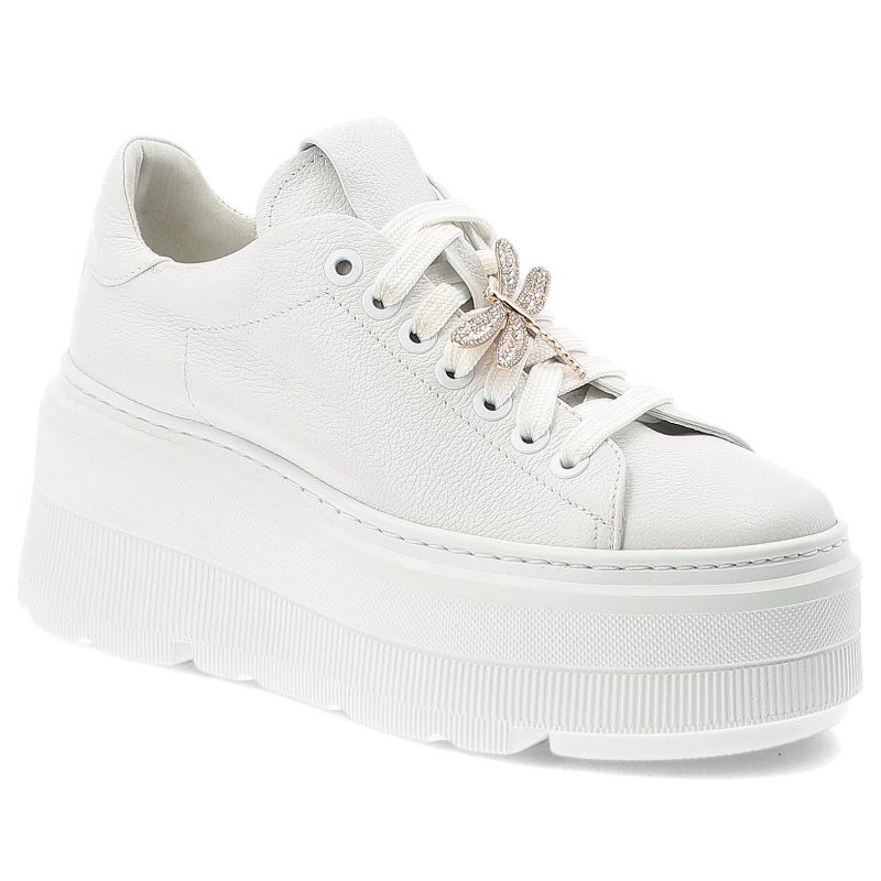 Sneakersy damskie Armodo, skóra naturalna sznurowana z ozdobną metalową ważką na sznurowadłach i grupę płaskiej podeszwie, białe, 1833-466