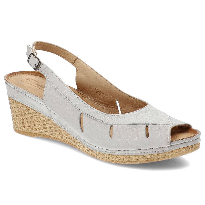 Sandały damskie Pollonus, na stabilnym koturnie z perforowaną cholewką, szare, 5778