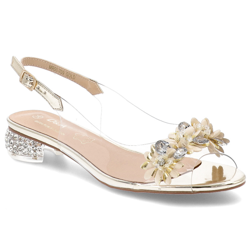Sandały damskie S. Barski, na płaskim obcasie z ozdobami transparentne ze sprzączka, złote, MR51-709