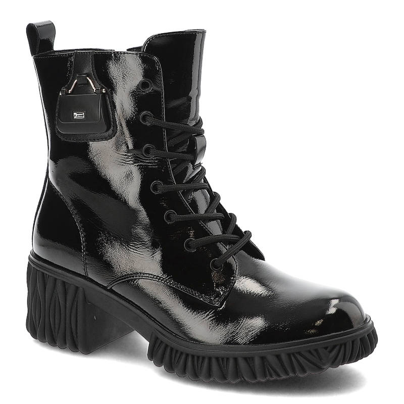 Botki damskie Artiker, z licowej lakierowanej skóry naturalnej z wysoką cholewką sznurowaniem i dekoracyjną klamrą z boku masywna podeszwa o rzeźbion