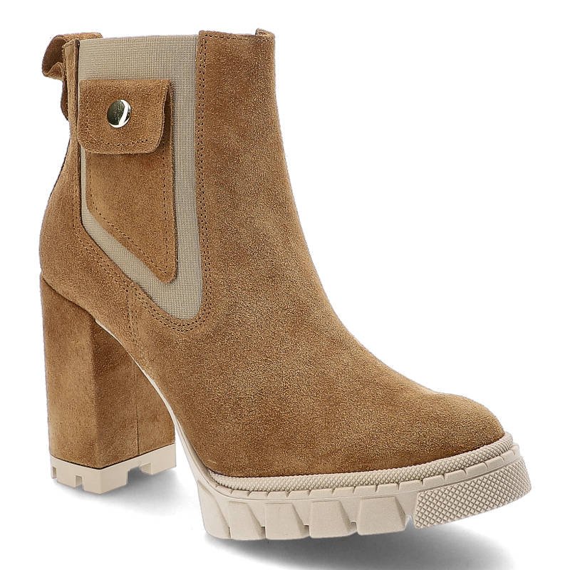 Botki damskie Damiss, cholewka ze skóry naturalnej zamszowej na solidnym obcasie i zapięciem na suwak, koniak‑welur, DS‑641‑2‑A