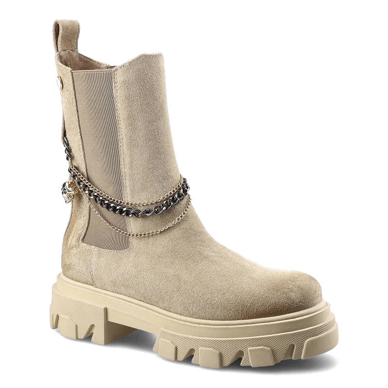 Botki damskie Carinii, naturalna skóra zamszowa z wysoką cholewką z gumowymi ściągaczami i ozdobnymi łańcuchami całość na płaskiej podeszwie, beżowe,