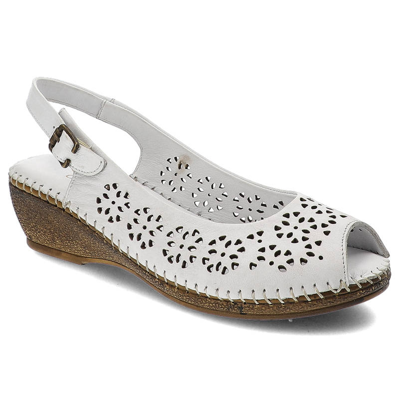 Sandały damskie Lanqier, ażurowe na lekkim koturnie i zapinane na sprzączkę, białe, 38C295