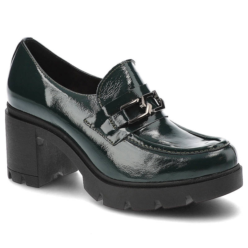 Półbuty damskie Lemar, lakierowana skórzana cholewka wsuwana forma masywna podeszwa stabilny obcas typu klocek, naplak oliwka, 20115-Cn