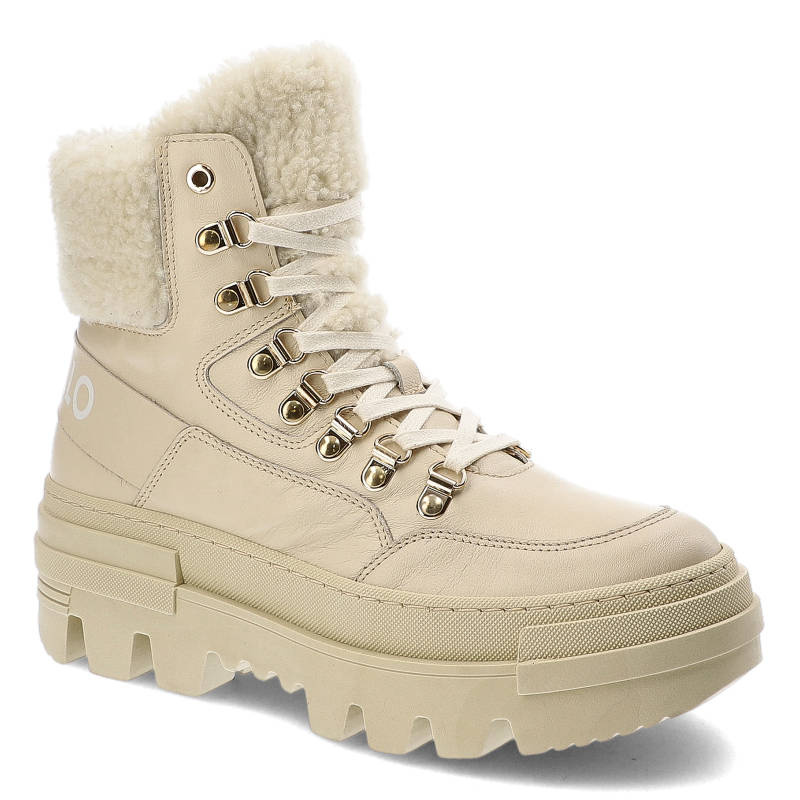 Botki damskie CheBello, ze skóry naturalnej licowej z wysoką cholewką klasycznym sznurowaniem na metalowych hakach, beżowe, 2970-403-MIC-S236