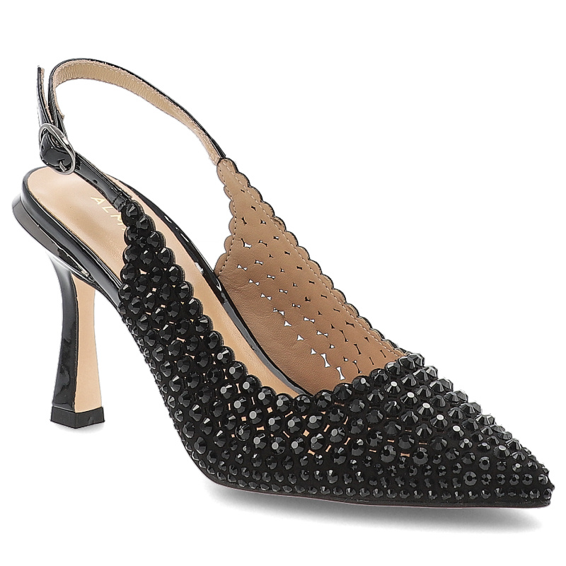 Czółenka damskie Alma en Pena, na szpilce z noskiem w szpic z cyrkoniami i zapinane sprzączką, czarne, I250408