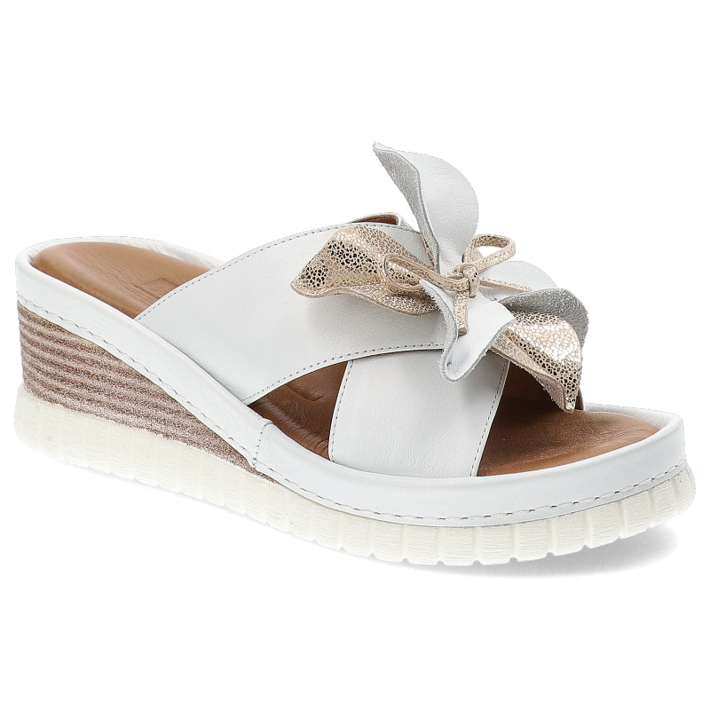 Biało-Złote Klapki Artiker Eleganckie Obuwie Damskie Na Koturnie