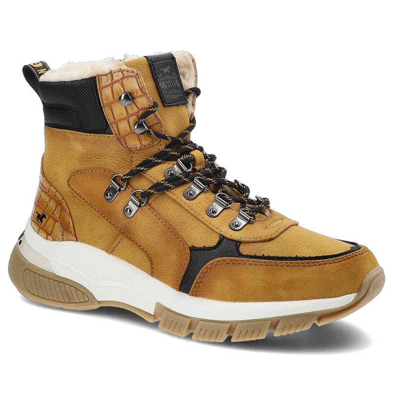 Botki damskie Mustang, skóra ekologiczna sznurowanie z metalowymi przelotkami miękkie ocieplenie wewnątrz i masywna miekkia podeszwa, żółte, 49C0052