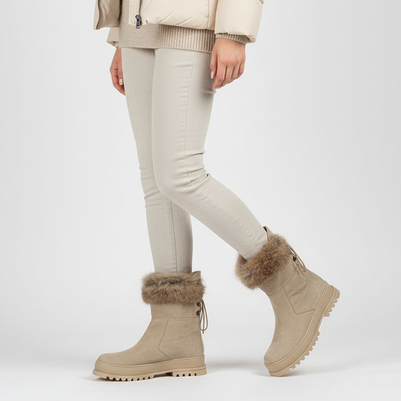 Beżowe Botki Armodo Eleganckie Obuwie Damskie Z Naturalnym Futerkiem