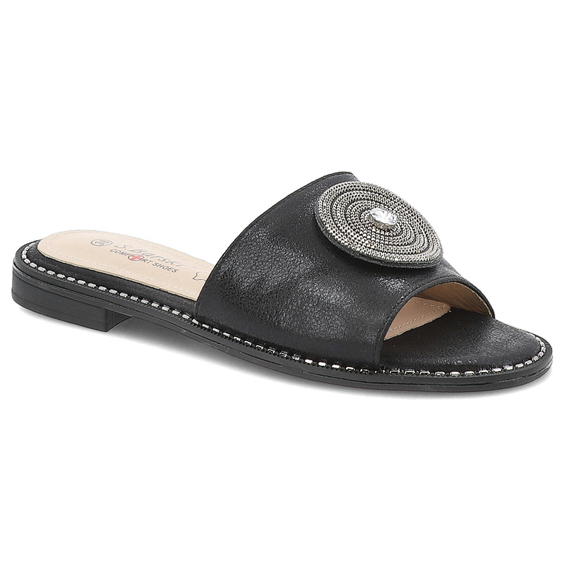 Klapki damskie S. Barski, eleganckie z eko skóry na płaskim obcasie ze sprzączką, czarne, KV51-013