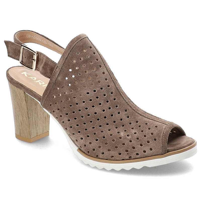 Sandały damskie Karino, matowa skóra naturalna perforowana i zapinana na sprzączkę i na słupku, jasnobrązowe, 1997-043-P-J