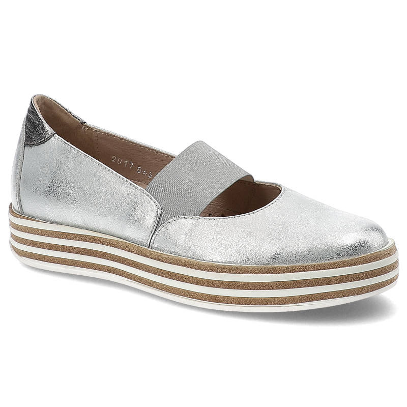 Półbuty damskie Simen, z skóry naturalnej licowej z gumką na podbiciu stopy, srebrne, 0461-VS-Kryszt-Srebro