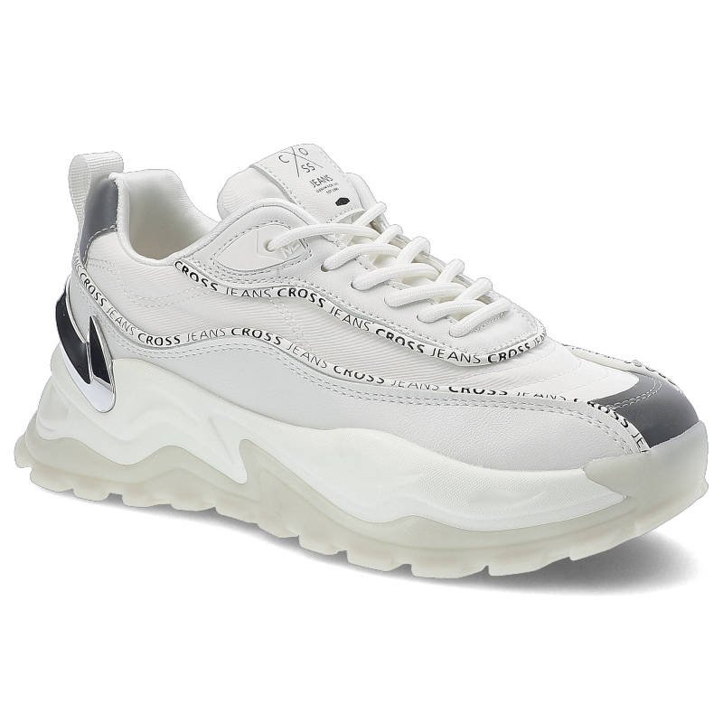 Sneakersy damskie Cross Jeans, z połączenia materiałów syntetycznych z łączoną cholewką o dynamicznej formie oraz grubą amortyzującą podeszwą, białe,