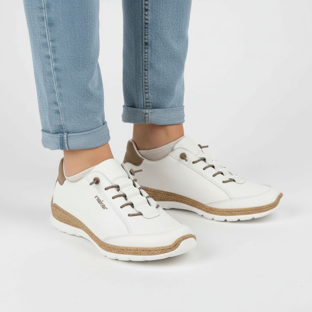 Półbuty damskie Rieker, cholewka ze skóry naturalnej gładkiej sportowa forma klasyczne sznurowanie lekka elastyczna podeszwa, białe, N42K5-80