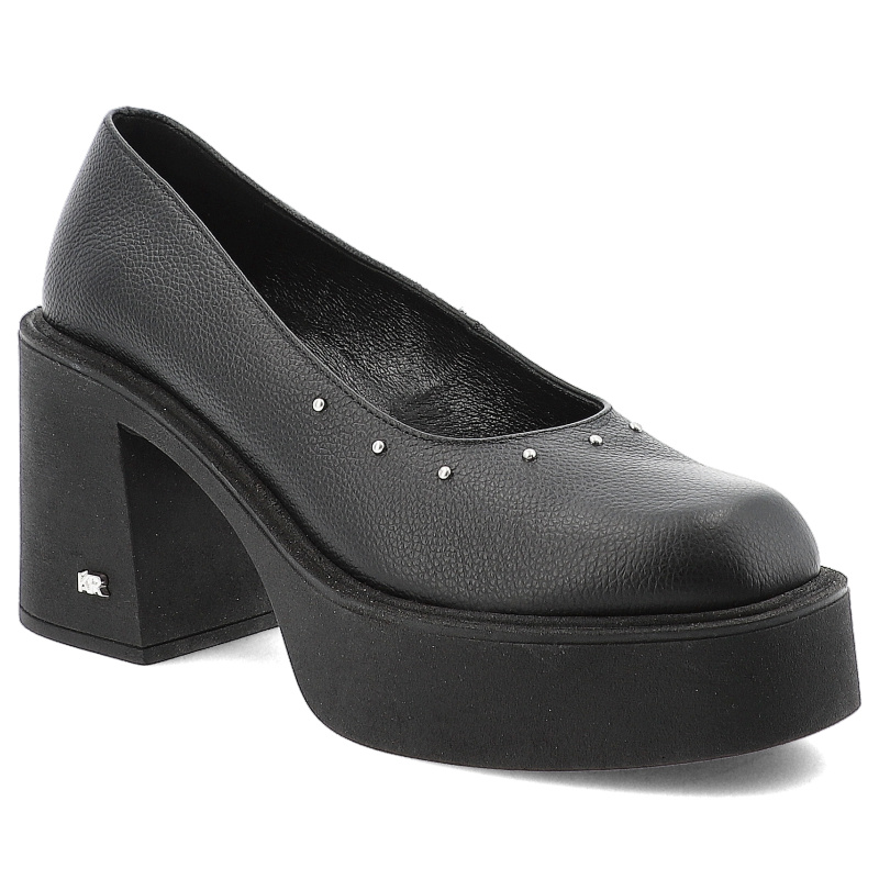 Półbuty damskie Karino, na wysokim klocku eleganckie skórzane z dżetami wsuwane z okrągłym noskiem, czarne licowe, 5648-126-P