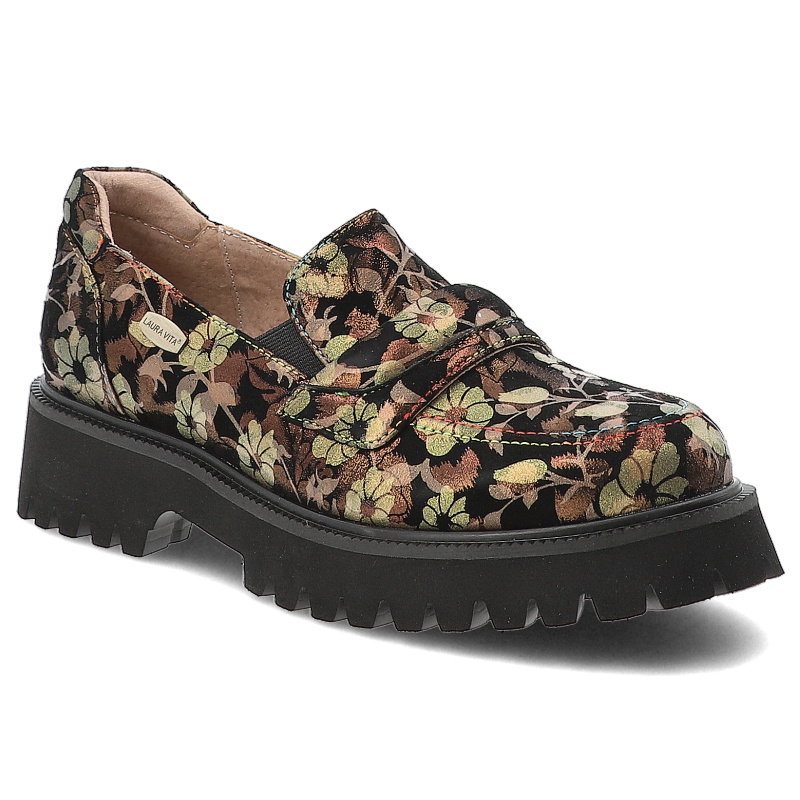 Półbuty damskie Laura Vita, wsuwane skórzane bogato zdobione w kwiaty eleganckie na grubej podeszwie, brązowe, SL3011-3